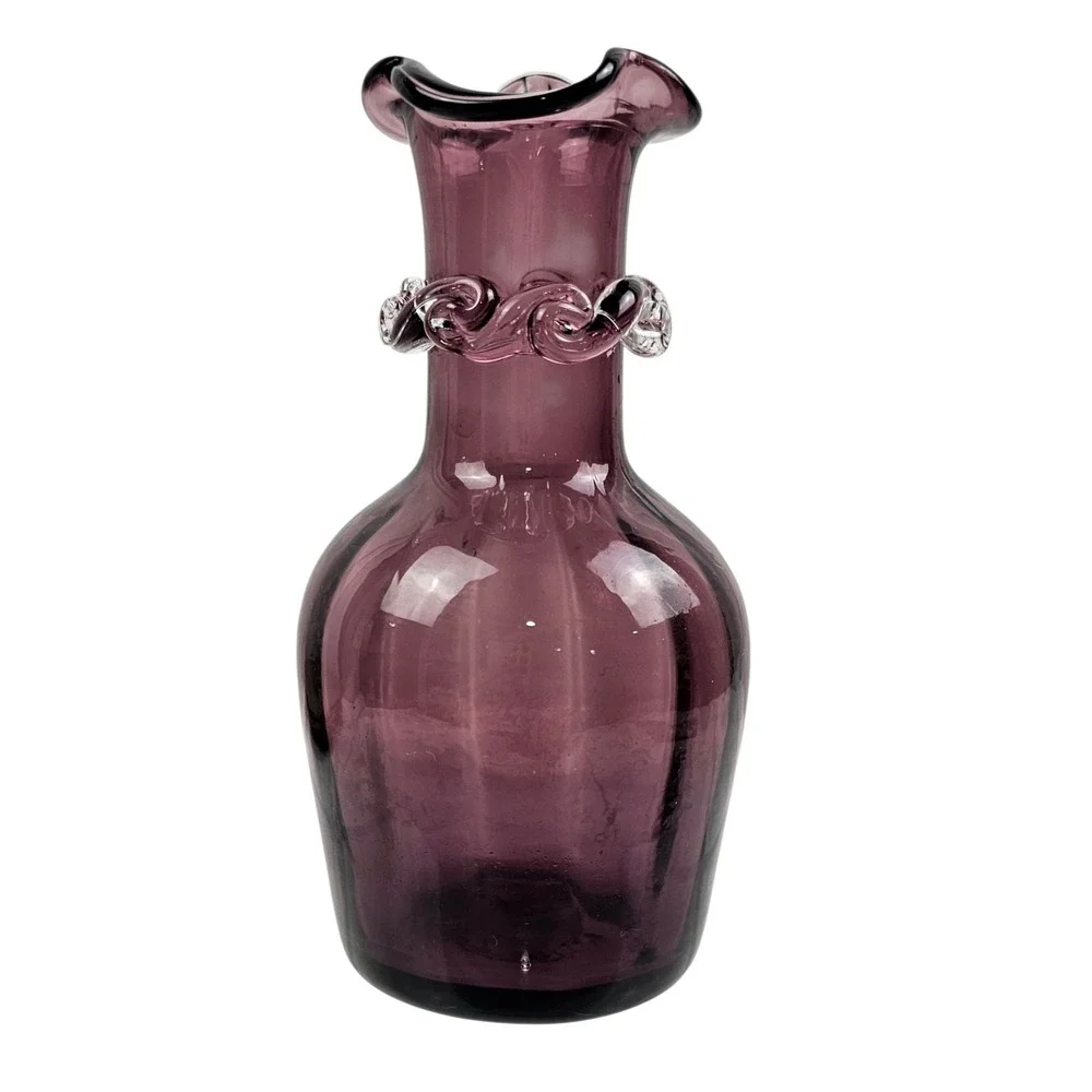 Vtg Pilgrim Glass Amethyst Hand Blown Glass Vase Ruffled Rim Clear Rigaree Wrap